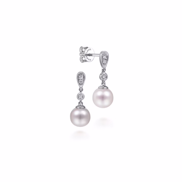 14K White Gold Pearl Drop Earrings with .07ctw Diamonds Earrings 7