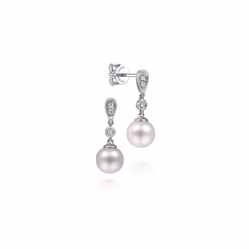 14K White Gold Pearl Drop Earrings with .07ctw Diamonds Earrings