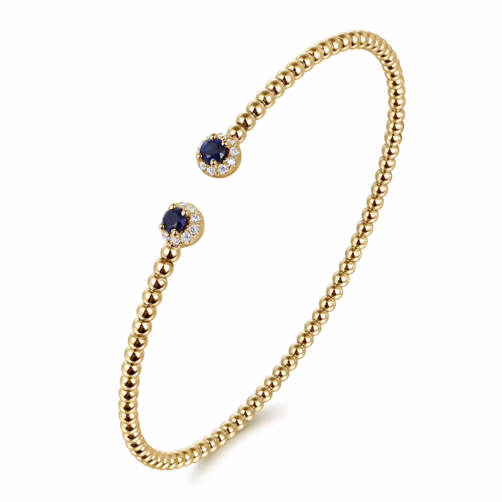 14K Yellow Gold Bujukan Bead Bangle with .26ctw Sapphires & .12ctw Diamonds Size 6.25 Bracelets 11