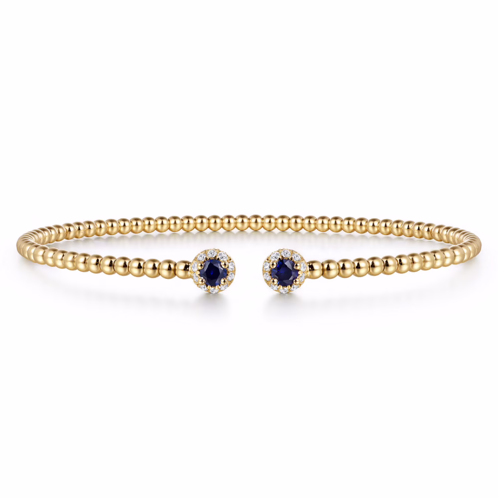 14K Yellow Gold Bujukan Bead Bangle with .26ctw Sapphires & .12ctw Diamonds Size 6.25 Bracelets 9