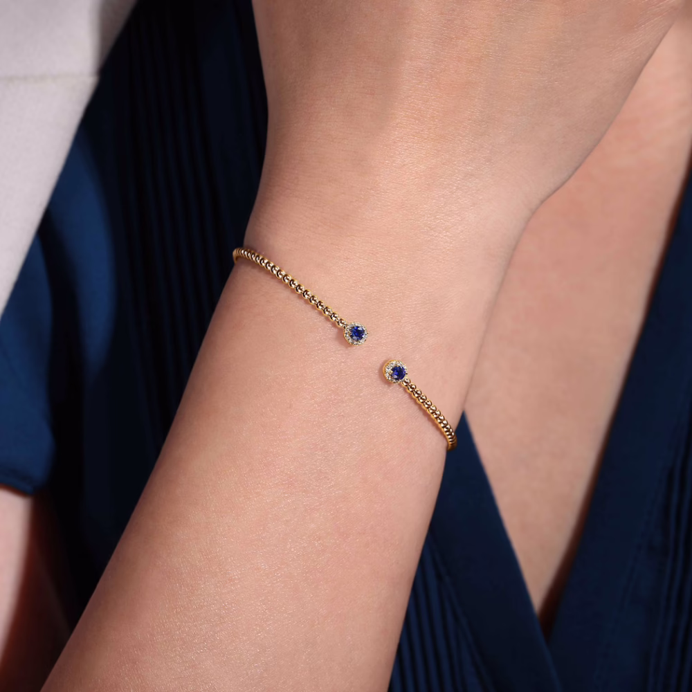 14K Yellow Gold Bujukan Bead Bangle with .26ctw Sapphires & .12ctw Diamonds Size 6.25 Bracelets 10