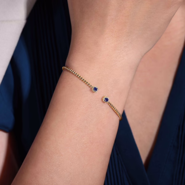 14K Yellow Gold Bujukan Bead Bangle with .26ctw Sapphires & .12ctw Diamonds Size 6.25 Bracelets 10