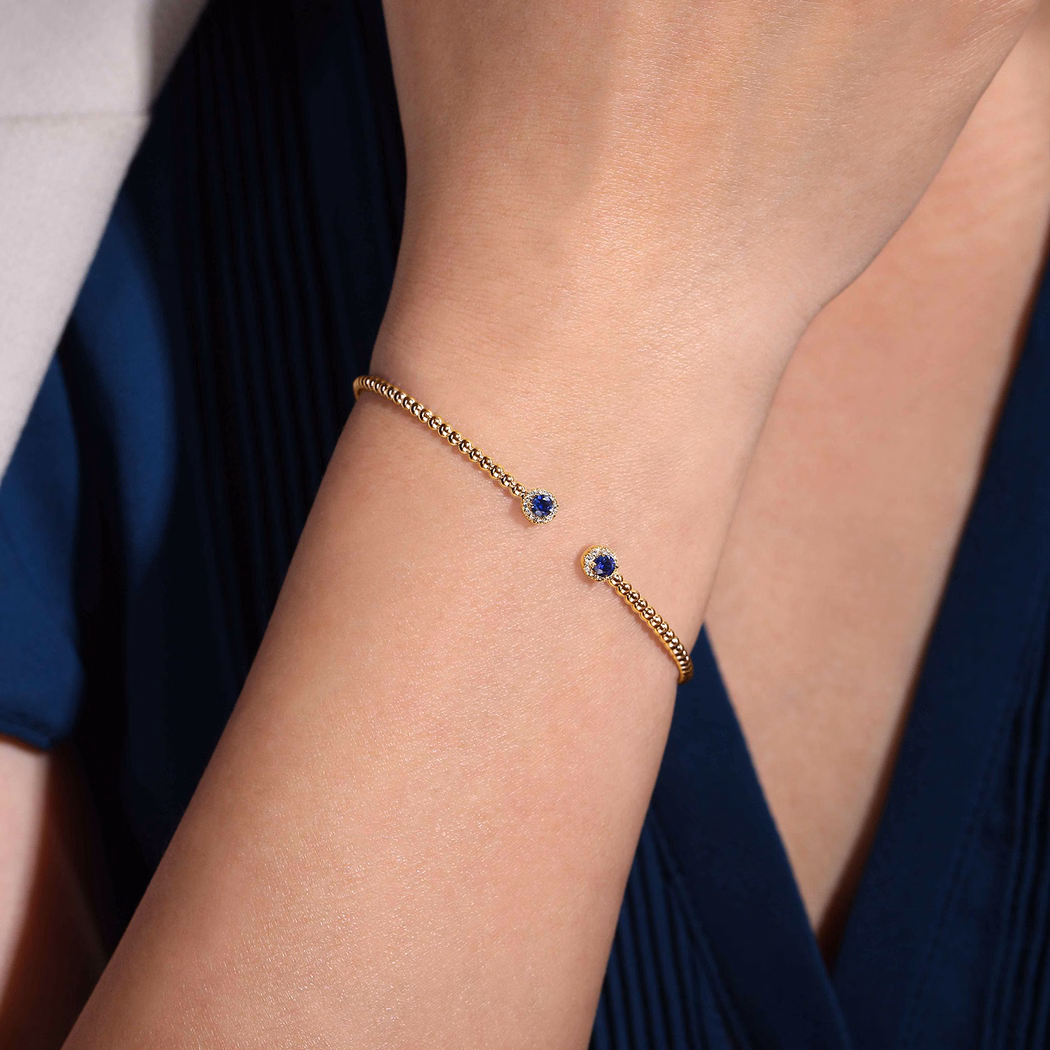 14K Yellow Gold Bujukan Bead Bangle with .26ctw Sapphires & .12ctw Diamonds Size 6.25 Bracelets 2