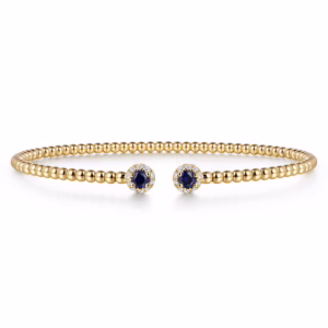 14K Yellow Gold Bujukan Bead Bangle with .26ctw Sapphires & .12ctw Diamonds Size 6.25