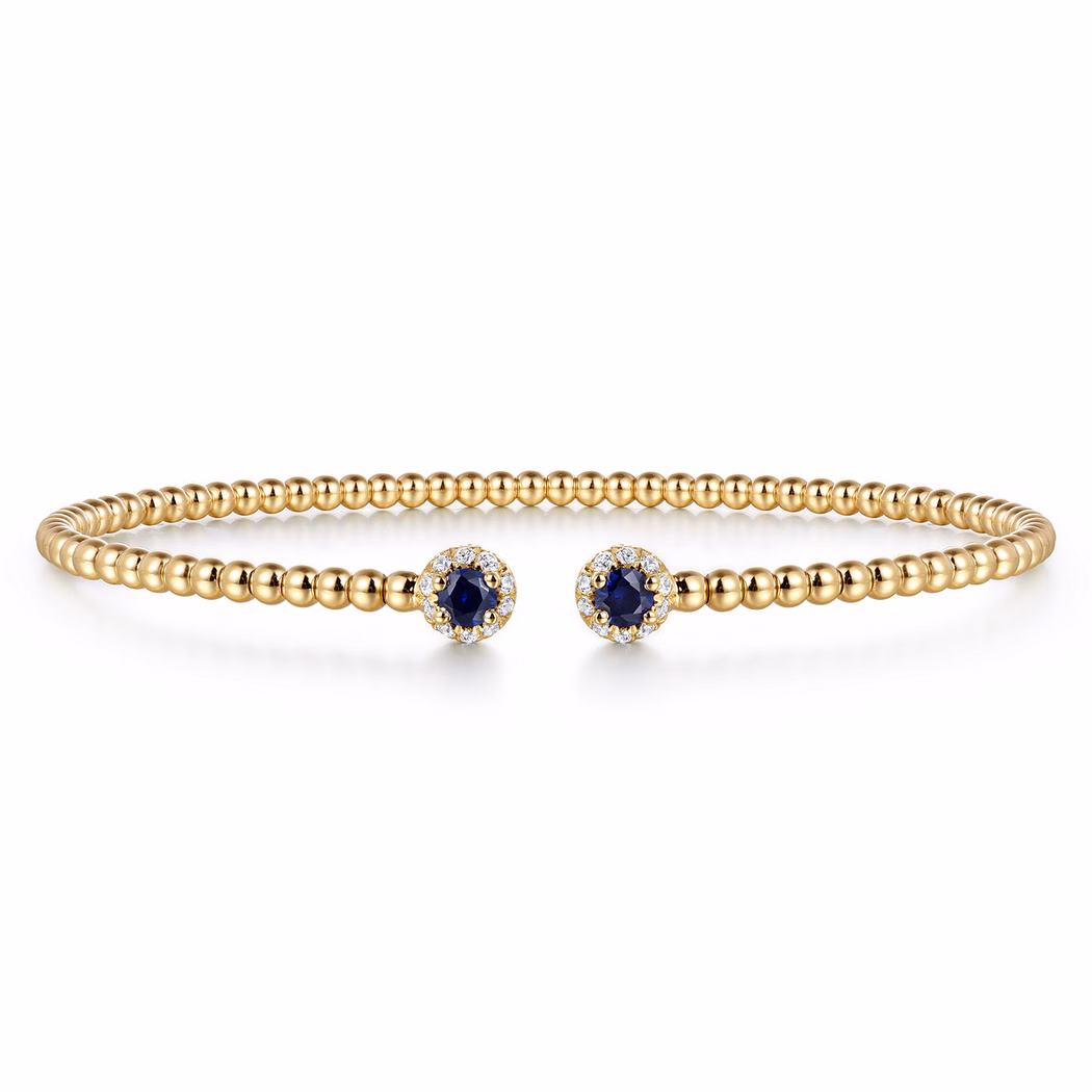 14K Yellow Gold Bujukan Bead Bangle with .26ctw Sapphires & .12ctw Diamonds Size 6.25 Bracelets