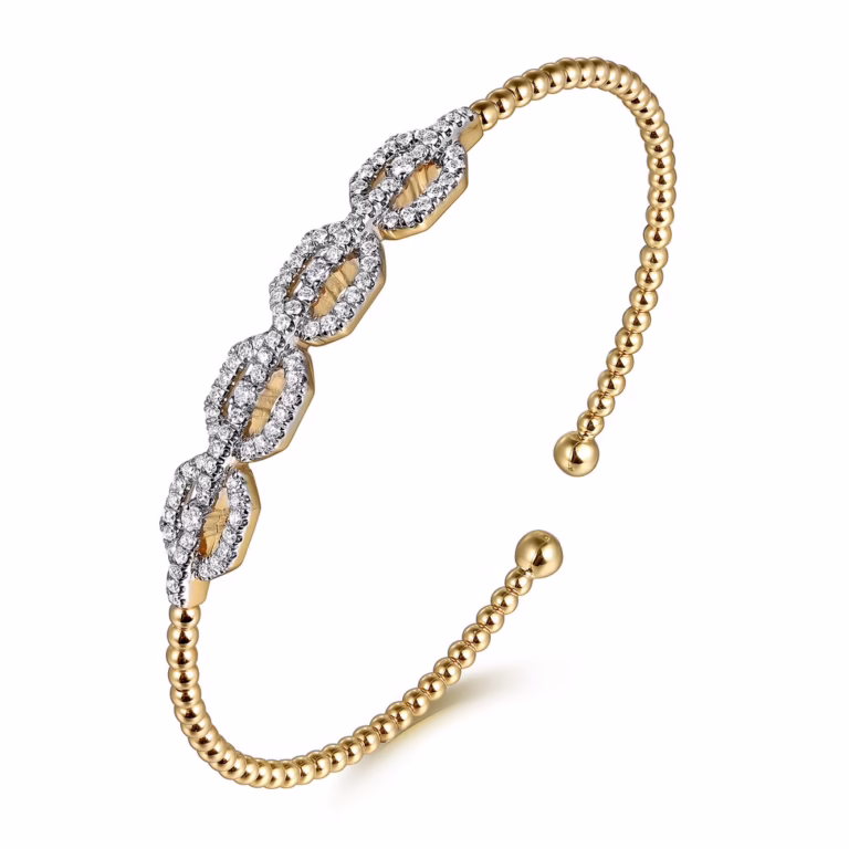 14K Yellow Gold Bujukan Bead Cuff Bangle with .58ctw Diamonds Size 6.25 Bracelets 7