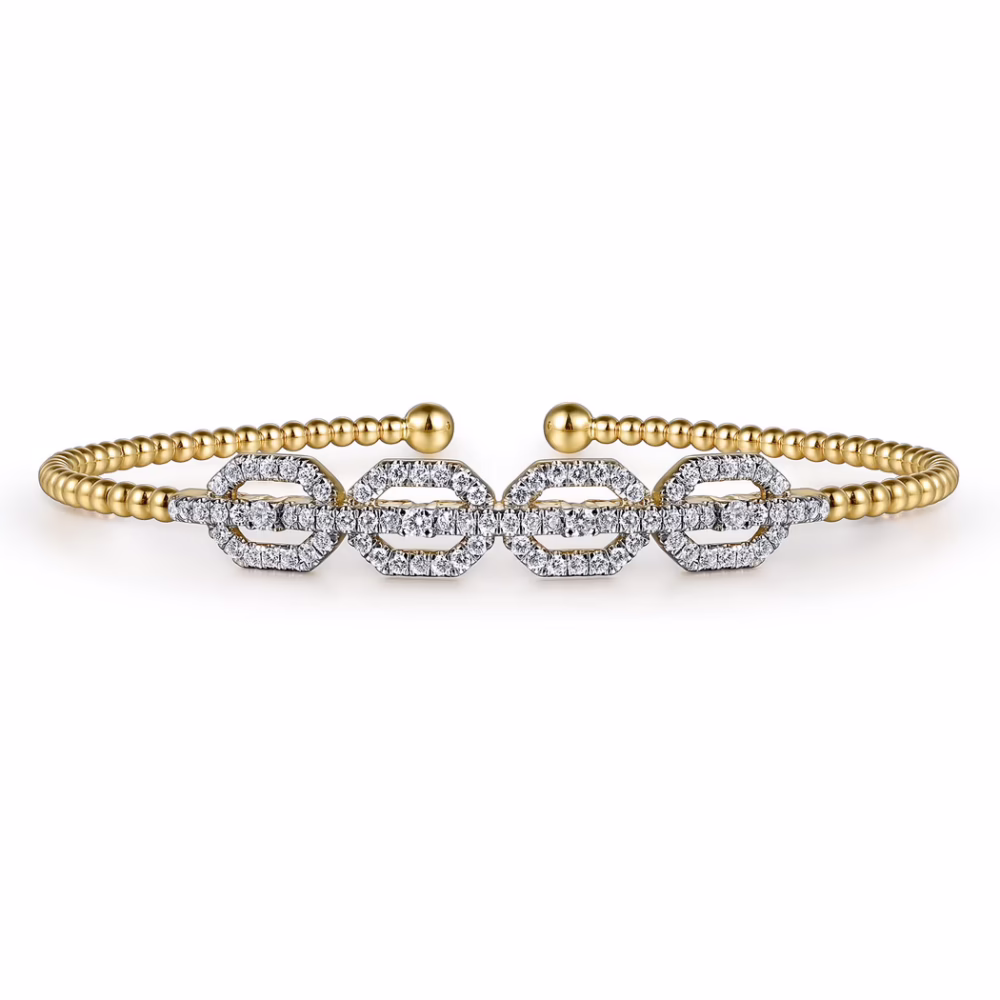 14K Yellow Gold Bujukan Bead Cuff Bangle with .58ctw Diamonds Size 6.25 Bracelets 9