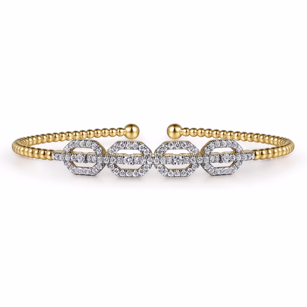 14K Yellow Gold Bujukan Bead Cuff Bangle with .58ctw Diamonds Size 6.25 Bracelets 5