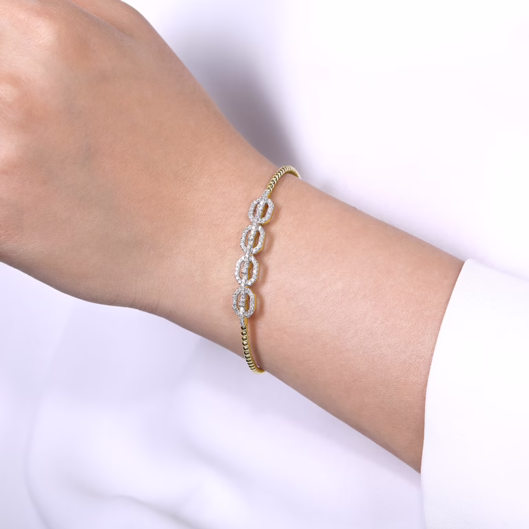 14K Yellow Gold Bujukan Bead Cuff Bangle with .58ctw Diamonds Size 6.25 Bracelets 6