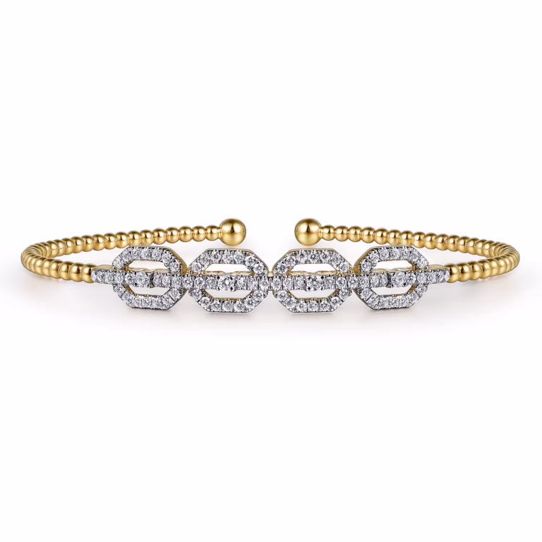14K Yellow Gold Bujukan Bead Cuff Bangle with .58ctw Diamonds Size 6.25 Bracelets 5