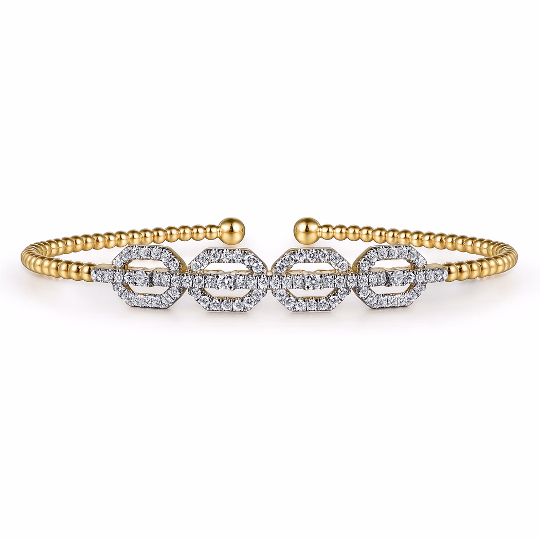 14K Yellow Gold Bujukan Bead Cuff Bangle with .58ctw Diamonds Size 6.25 Bracelets