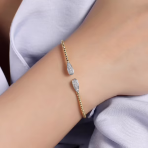 14K Yellow Gold Bujukan Bead Teardrops Bangle with .29ctw Diamonds Size 6.25