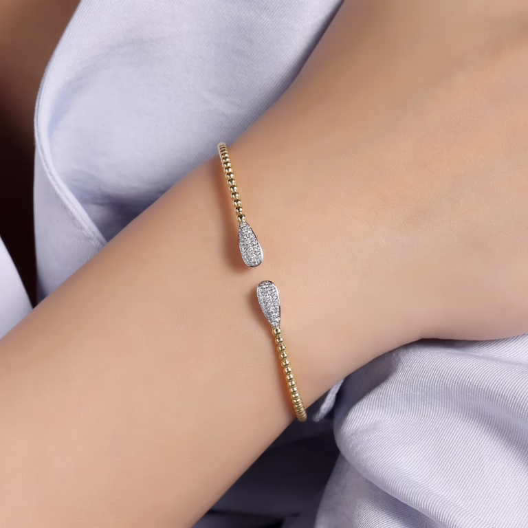 14K Yellow Gold Bujukan Bead Teardrops Bangle with .29ctw Diamonds Size 6.25 Bracelets 6