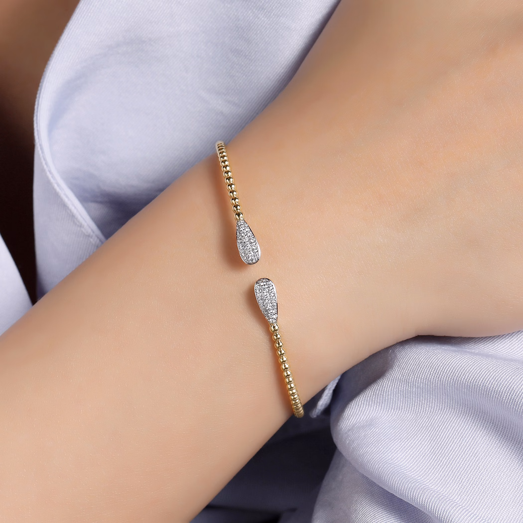 14K Yellow Gold Bujukan Bead Teardrops Bangle with .29ctw Diamonds Size 6.25 Bracelets 2