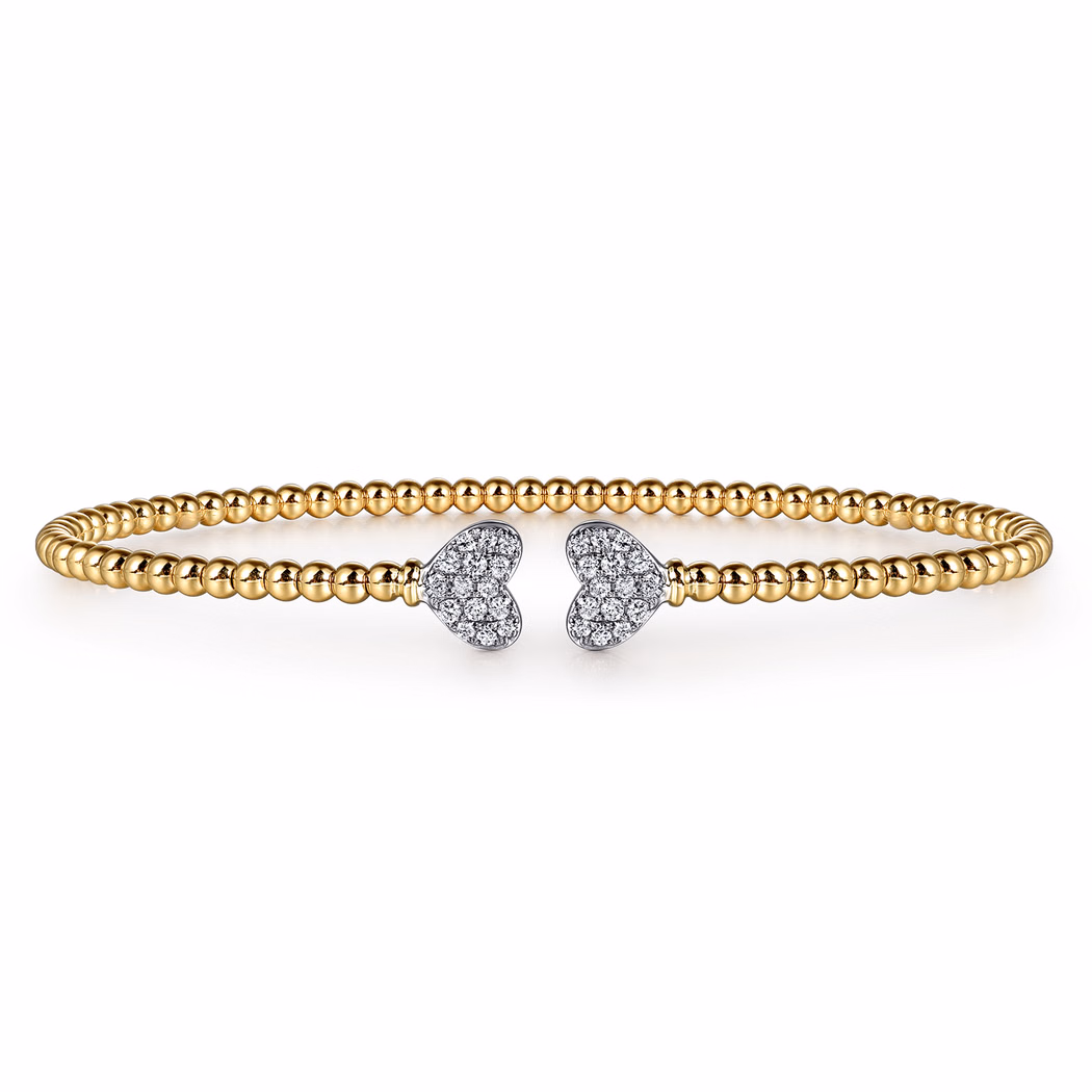 14K Two-Tone Bujukan Bead Heart Bangle with .19ctw Diamonds Size 6.25 Bracelets