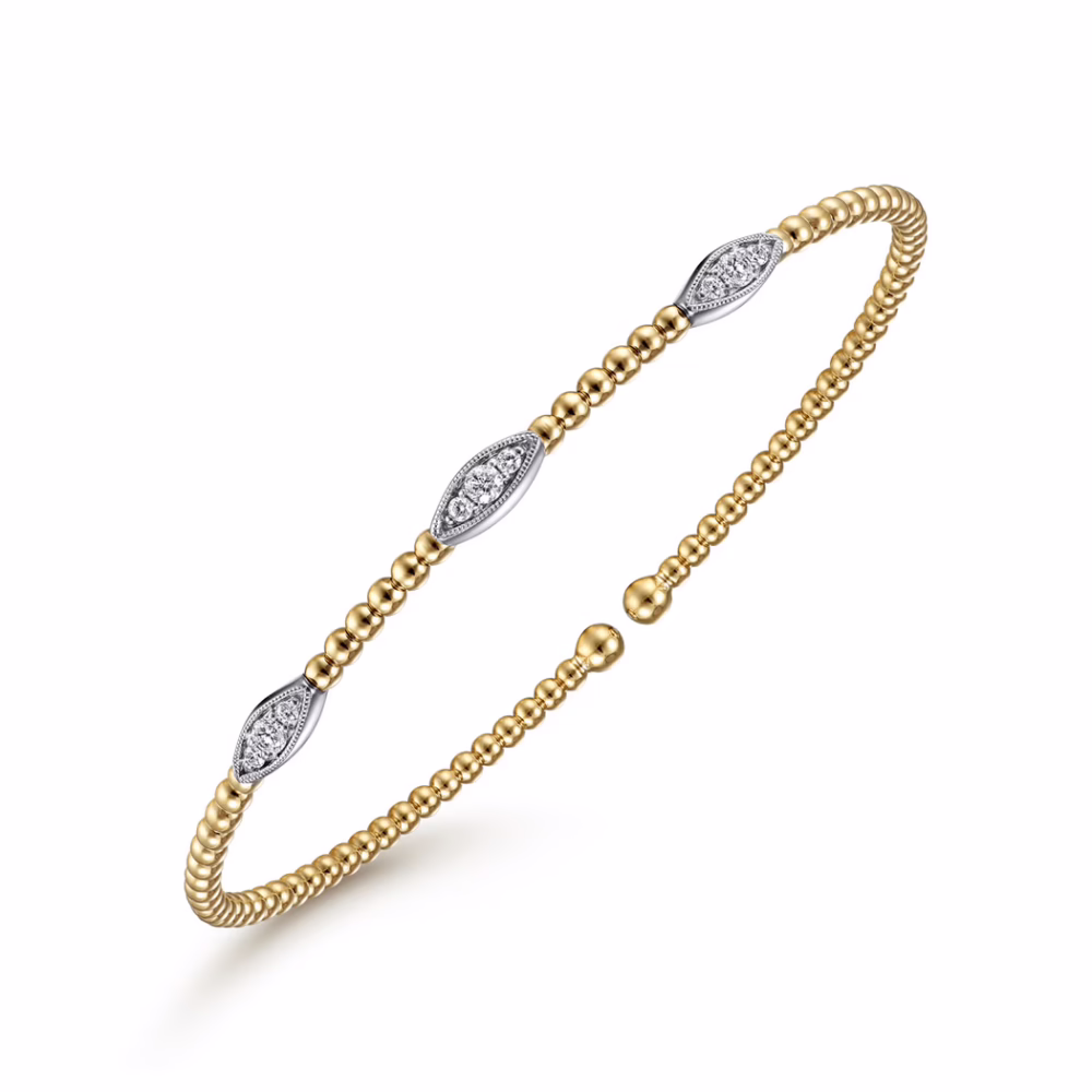 14K Two-Tone Bujukan Bead Cuff Bangle with .16ctw Diamonds Size 6.25 Bracelets 14