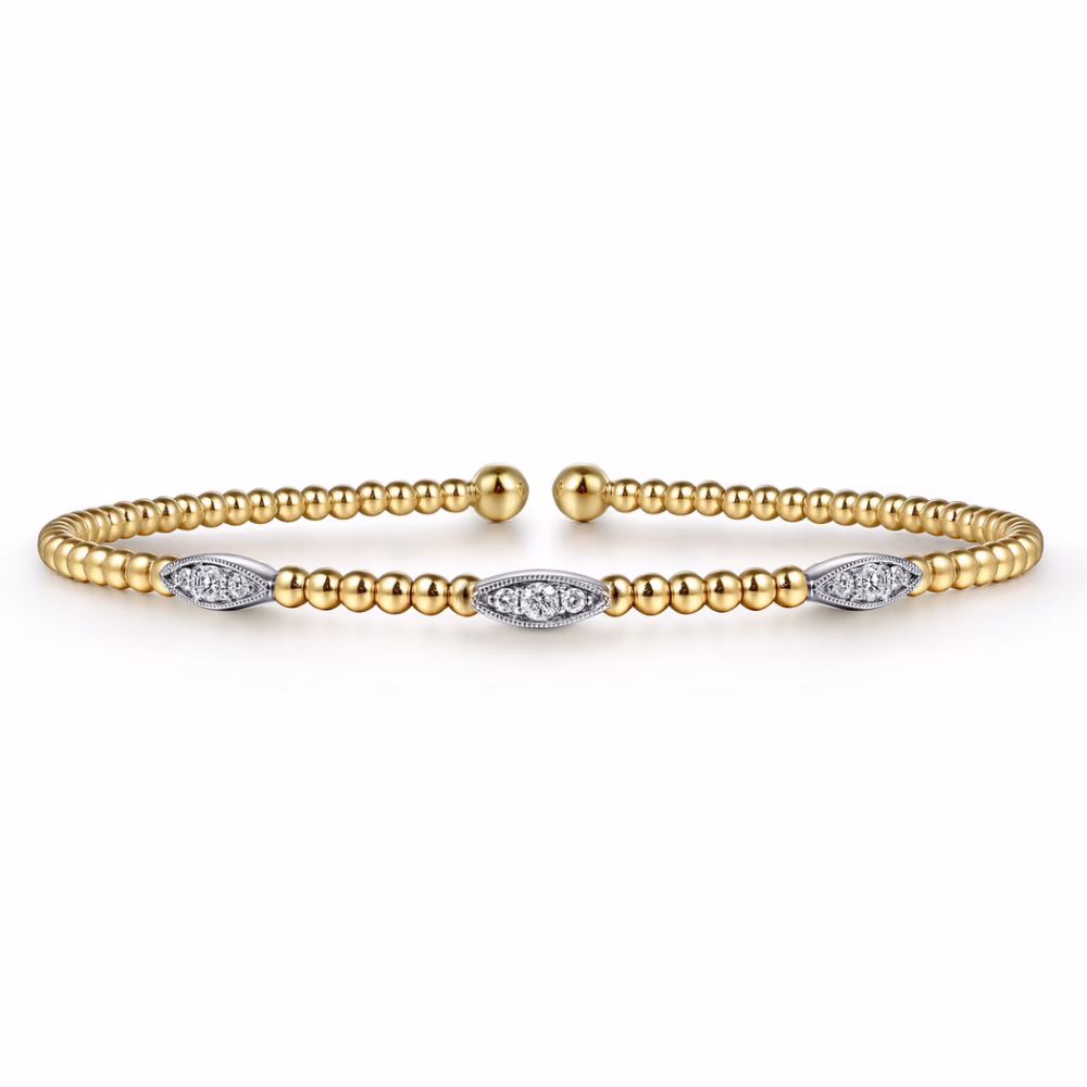 14K Two-Tone Bujukan Bead Cuff Bangle with .16ctw Diamonds Size 6.25 Bracelets 11