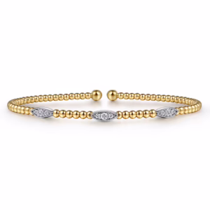 14K Two-Tone Bujukan Bead Cuff Bangle with .16ctw Diamonds Size 6.25