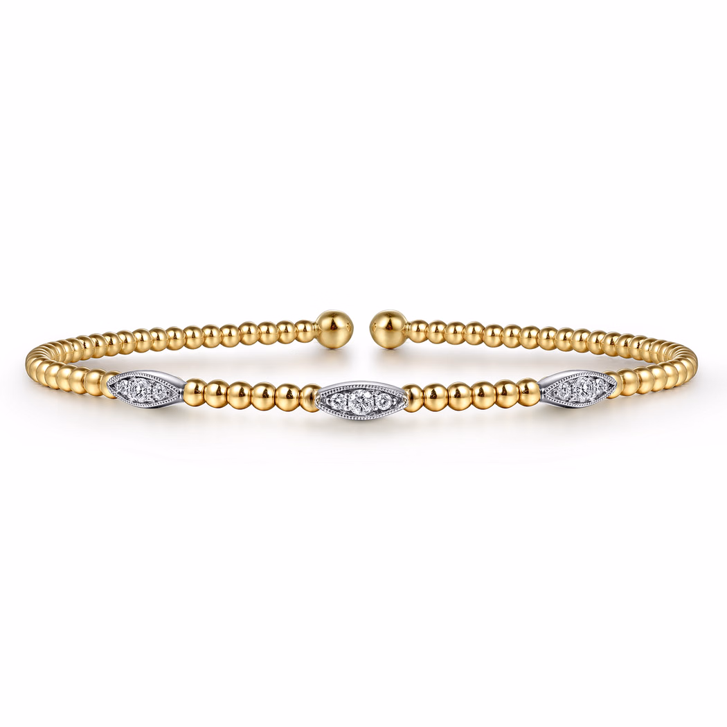 14K Two-Tone Bujukan Bead Cuff Bangle with .16ctw Diamonds Size 6.25 Bracelets