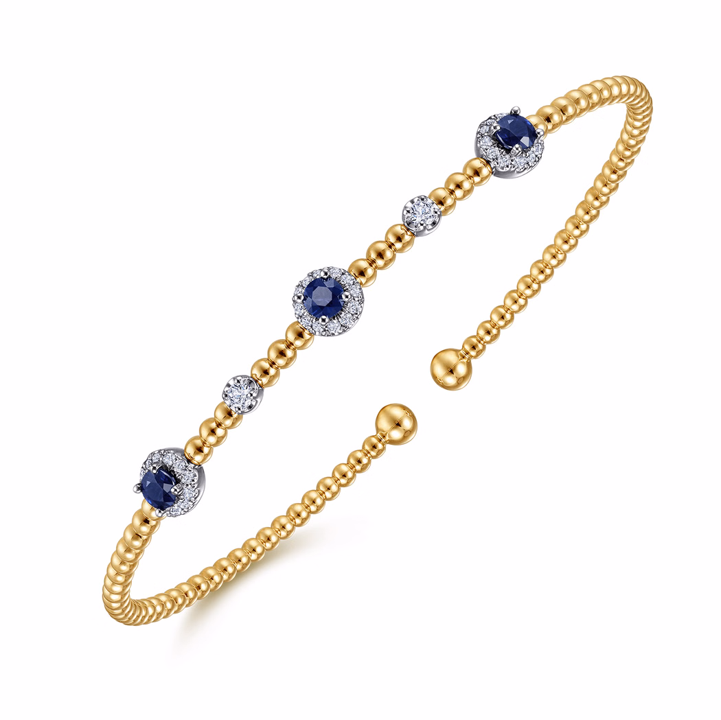 14K Two-Tone Bujukan Bead Halo Bangle with .36ctw Sapphires & .19ctw Diamonds Size 6.25 Bracelets 3
