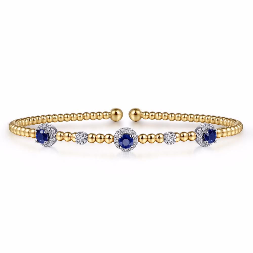 14K Two-Tone Bujukan Bead Halo Bangle with .36ctw Sapphires & .19ctw Diamonds Size 6.25 Bracelets 9