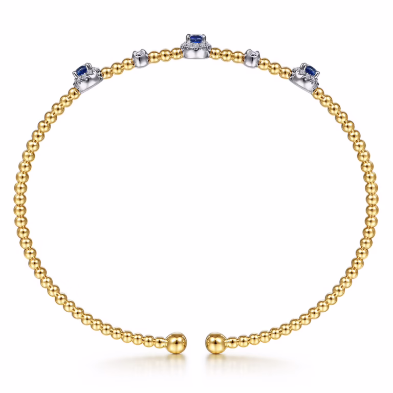 14K Two-Tone Bujukan Bead Halo Bangle with .36ctw Sapphires & .19ctw Diamonds Size 6.25 Bracelets 8