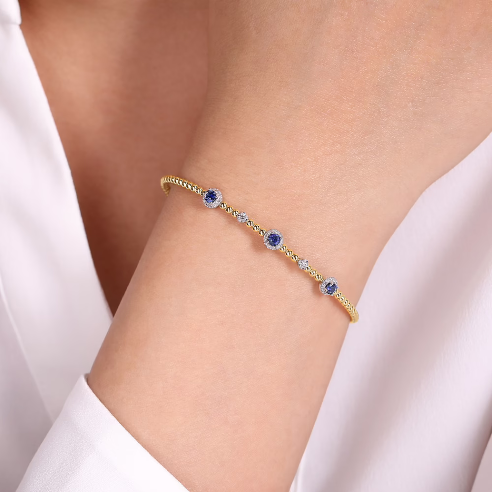 14K Two-Tone Bujukan Bead Halo Bangle with .36ctw Sapphires & .19ctw Diamonds Size 6.25 Bracelets 10