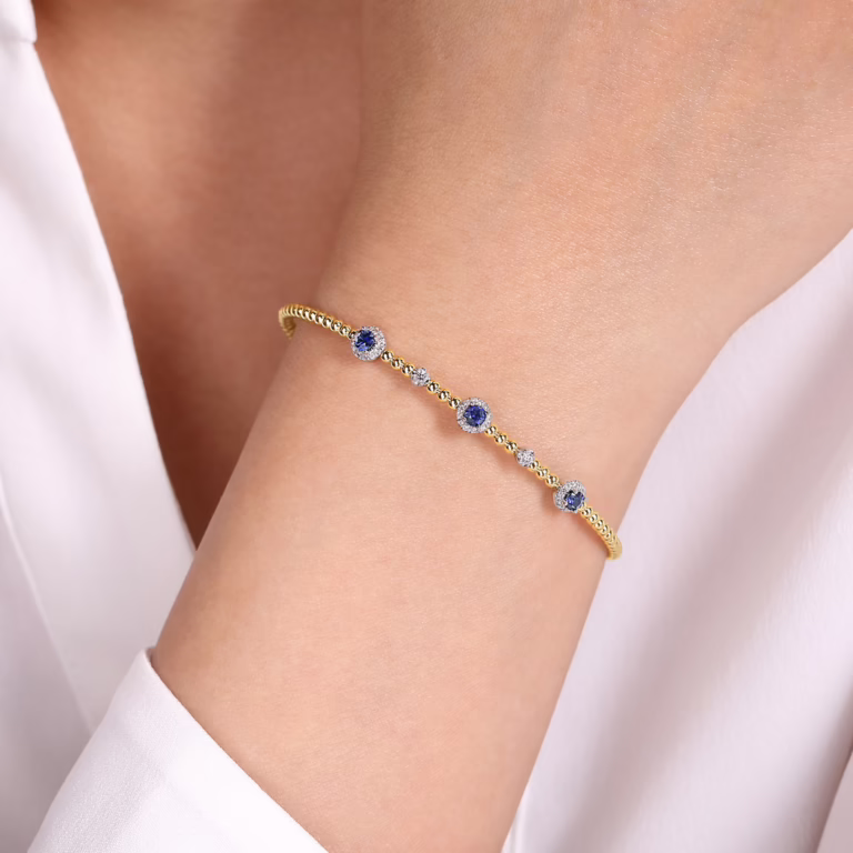 14K Two-Tone Bujukan Bead Halo Bangle with .36ctw Sapphires & .19ctw Diamonds Size 6.25 Bracelets 6