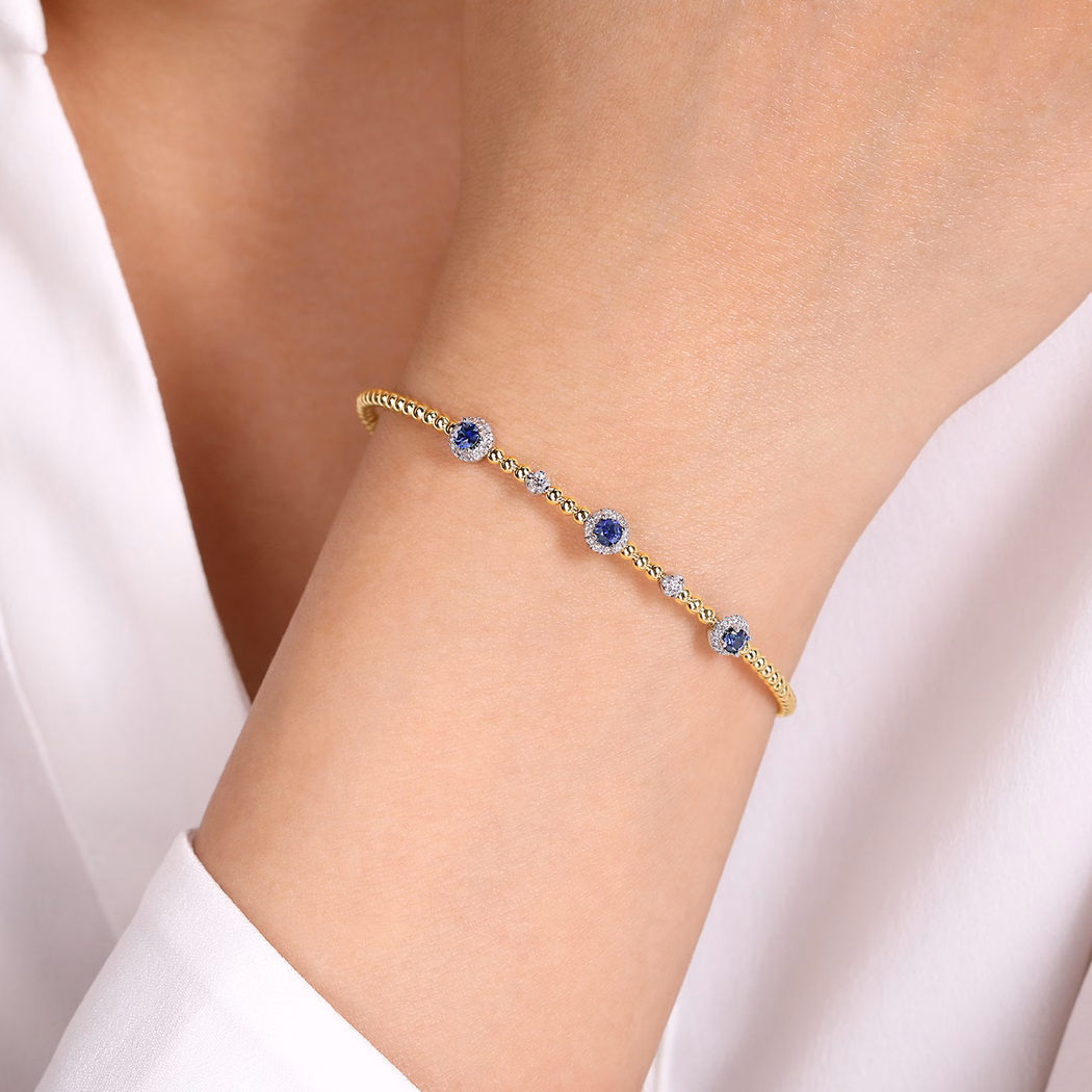 14K Two-Tone Bujukan Bead Halo Bangle with .36ctw Sapphires & .19ctw Diamonds Size 6.25 Bracelets 2