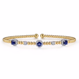 14K Two-Tone Bujukan Bead Halo Bangle with .36ctw Sapphires & .19ctw Diamonds Size 6.25