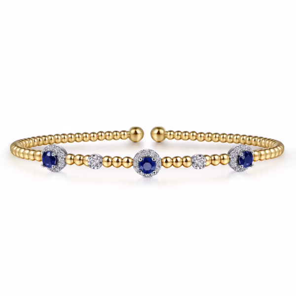14K Two-Tone Bujukan Bead Halo Bangle with .36ctw Sapphires & .19ctw Diamonds Size 6.25 Bracelets 9