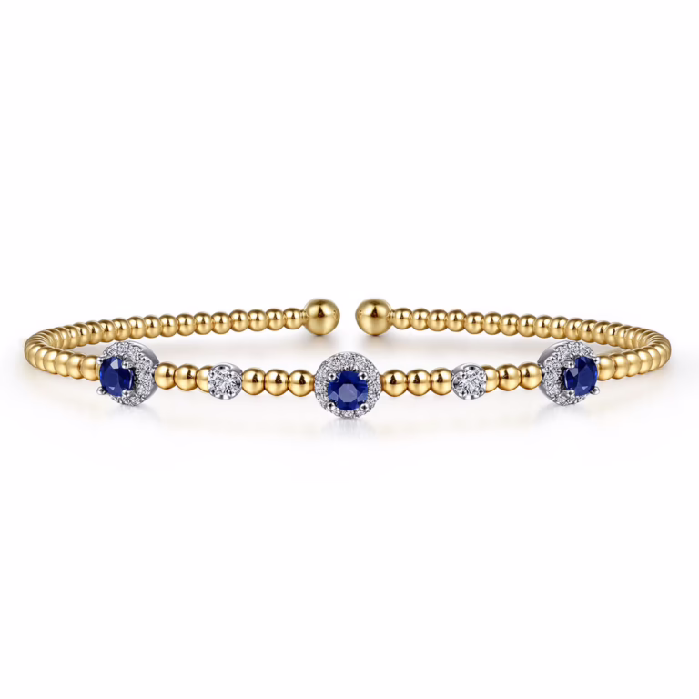 14K Two-Tone Bujukan Bead Halo Bangle with .36ctw Sapphires & .19ctw Diamonds Size 6.25 Bracelets 5