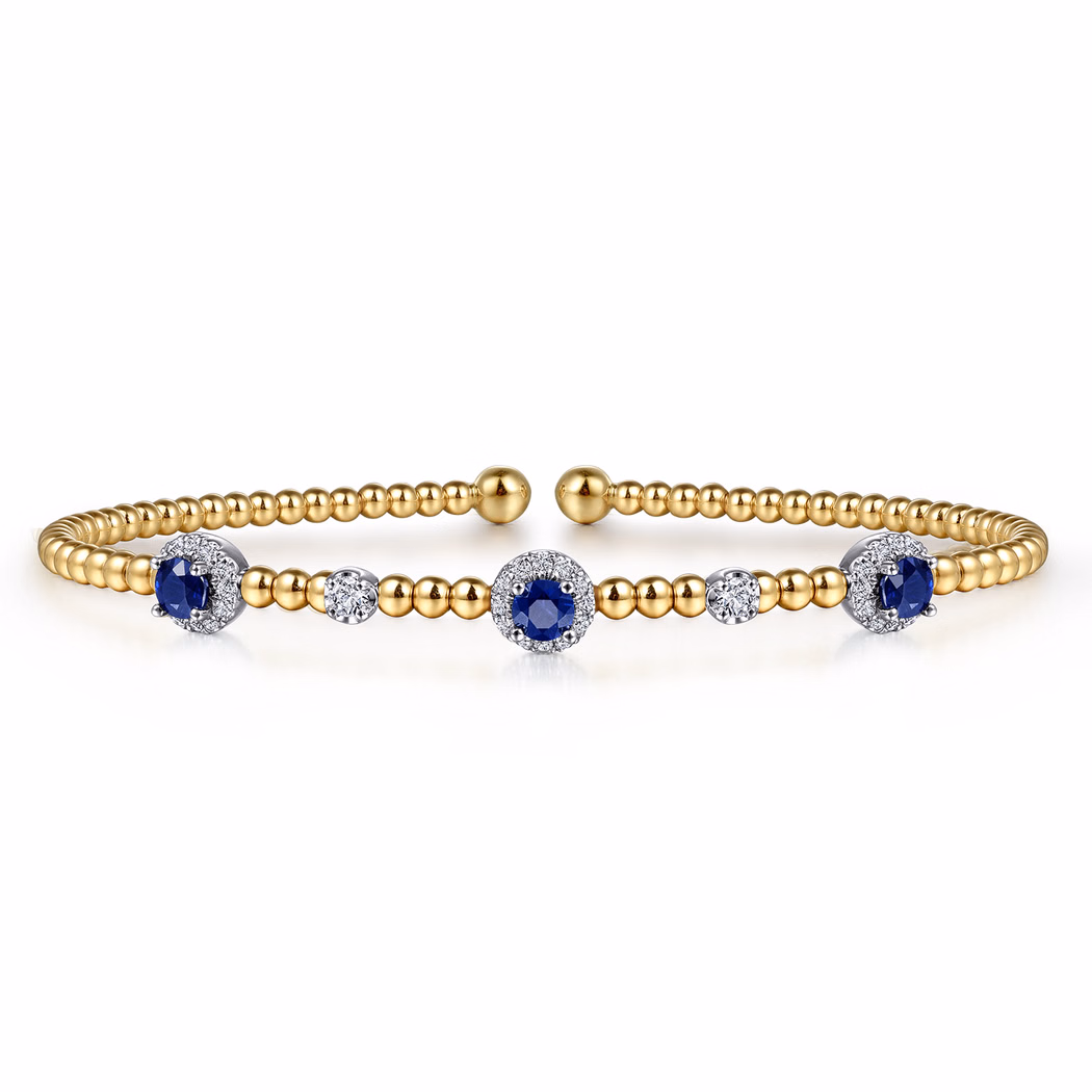 14K Two-Tone Bujukan Bead Halo Bangle with .36ctw Sapphires & .19ctw Diamonds Size 6.25 Bracelets