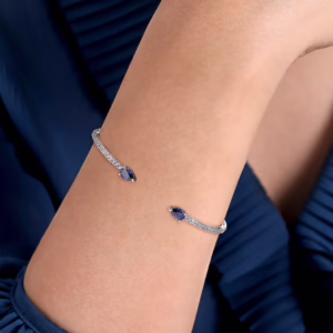 14K White Gold Arrow Bangle with 1.17ctw Sapphires & .50ctw Diamonds Size 6.25