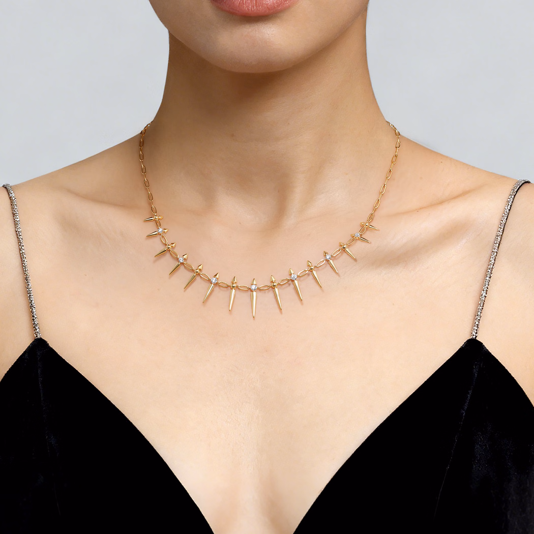 14K Yellow Gold Bujukan Spike Droplet Necklace with .24ctw Diamonds 17″ Fine Jewelry 2