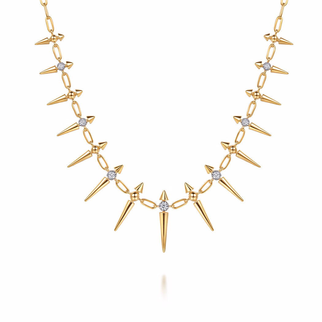 14K Yellow Gold Bujukan Spike Droplet Necklace with .24ctw Diamonds 17″ Fine Jewelry