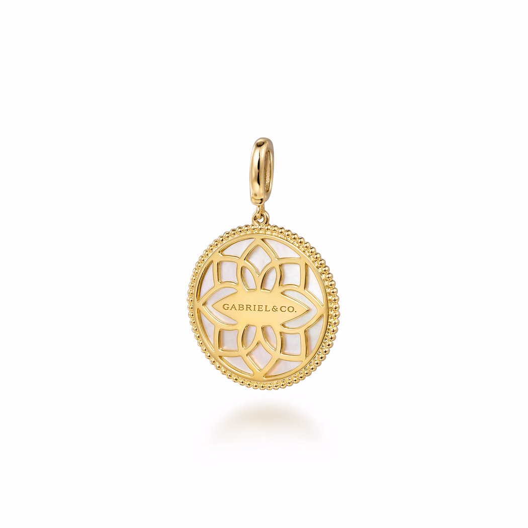 14K Yellow Gold Floral Mother of Pearl Bujukan Medallion with .34ctw Diamonds 24mm Fine Jewelry 3