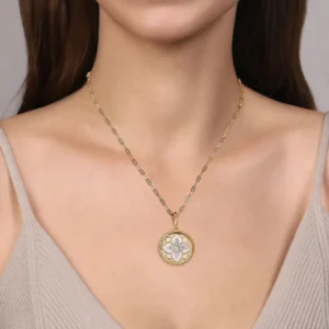 14K Yellow Gold Floral Mother of Pearl Bujukan Medallion with .34ctw Diamonds 24mm