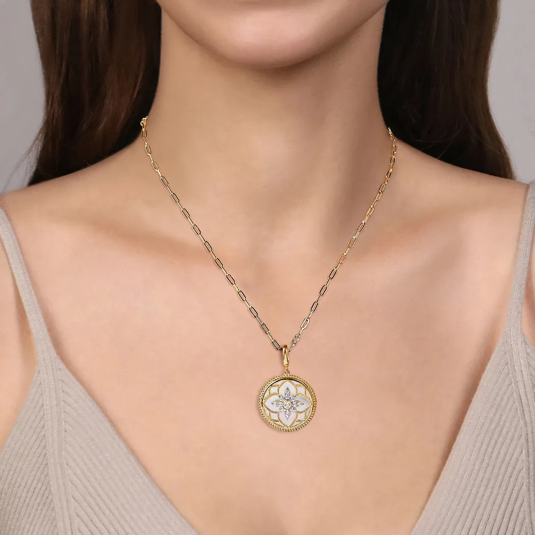 14K Yellow Gold Floral Mother of Pearl Bujukan Medallion with .34ctw Diamonds 24mm Fine Jewelry 2