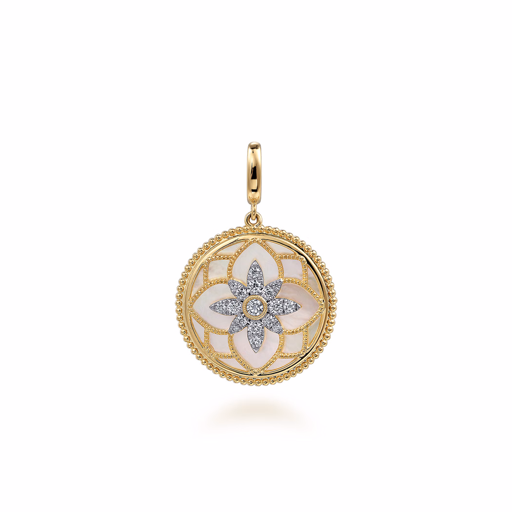 14K Yellow Gold Floral Mother of Pearl Bujukan Medallion with .34ctw Diamonds 24mm Fine Jewelry
