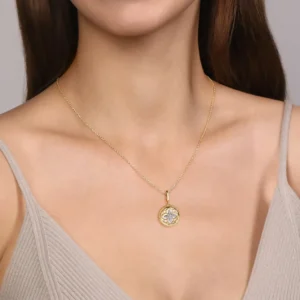 14K Yellow Gold Floral Mother of Pearl Bujukan Medallion with .08ctw Diamonds 18mm