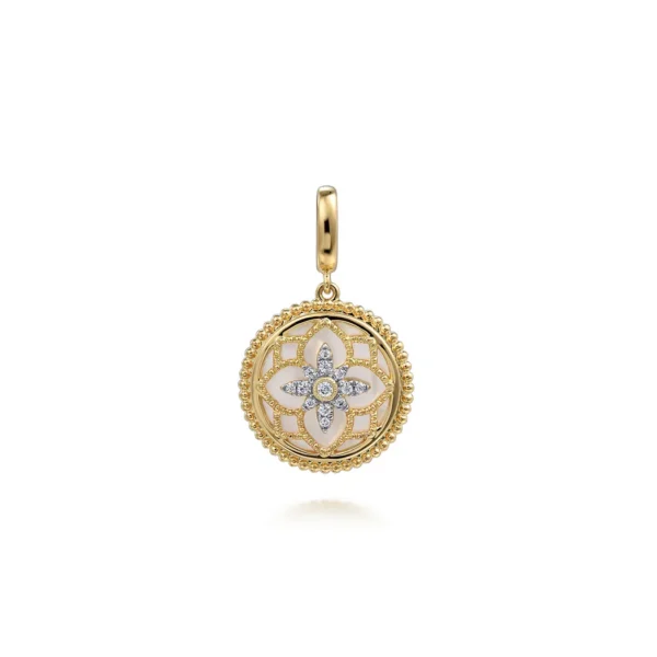 14K Yellow Gold Floral Mother of Pearl Bujukan Medallion with .08ctw Diamonds 18mm Fine Jewelry 7