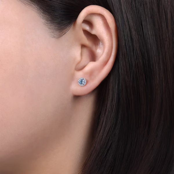 14K White Gold March Birthstone Studs with .48ctw Aquamarine & .09ctw Diamond Halo Earrings 6