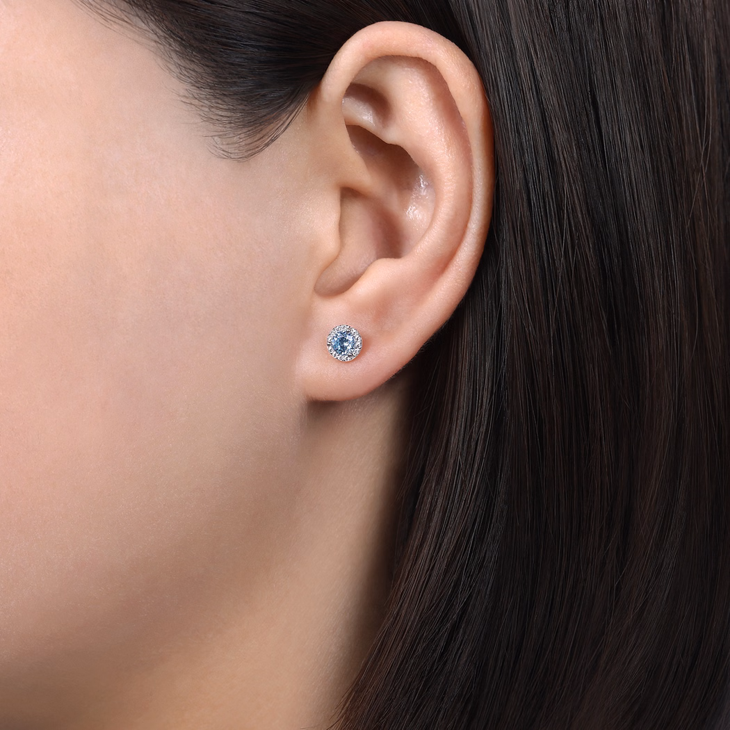 14K White Gold March Birthstone Studs with .48ctw Aquamarine & .09ctw Diamond Halo Earrings 2