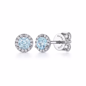 14K White Gold March Birthstone Studs with .48ctw Aquamarine & .09ctw Diamond Halo