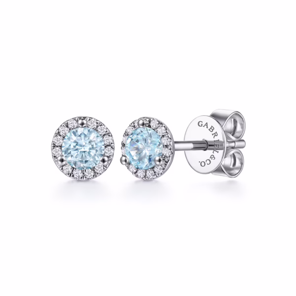14K White Gold March Birthstone Studs with .48ctw Aquamarine & .09ctw Diamond Halo Earrings 5