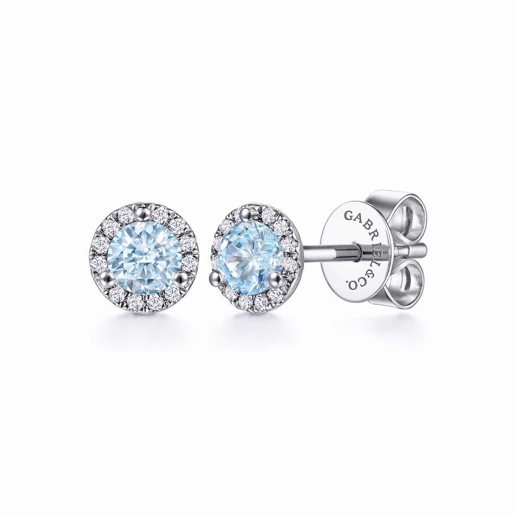 14K White Gold March Birthstone Studs with .48ctw Aquamarine & .09ctw Diamond Halo Earrings