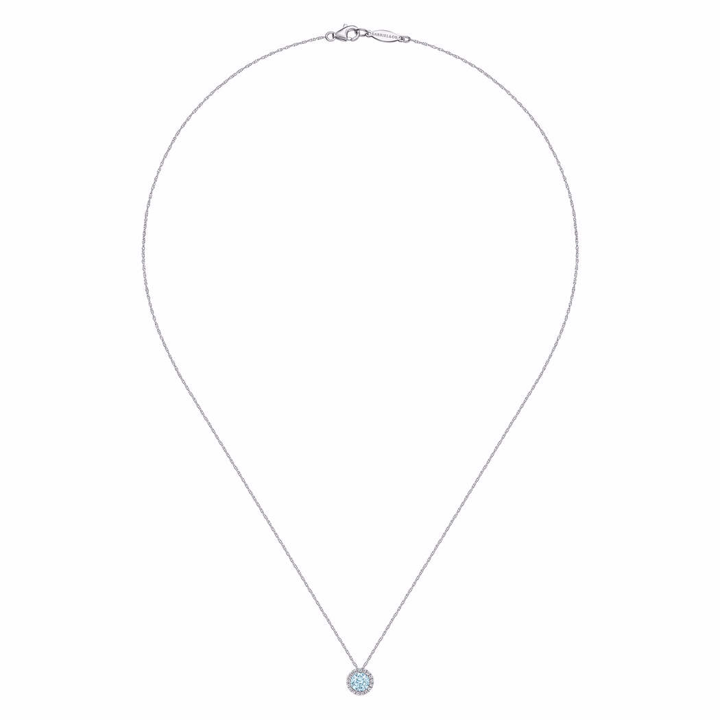 14K White Gold March Birthstone Pendant with .42ct Aquamarine & .06ctw Diamond Halo 18″ Fine Jewelry 3