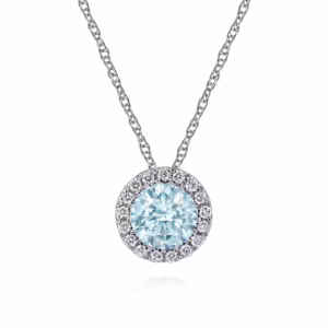 14K White Gold March Birthstone Pendant with .42ct Aquamarine & .06ctw Diamond Halo 18