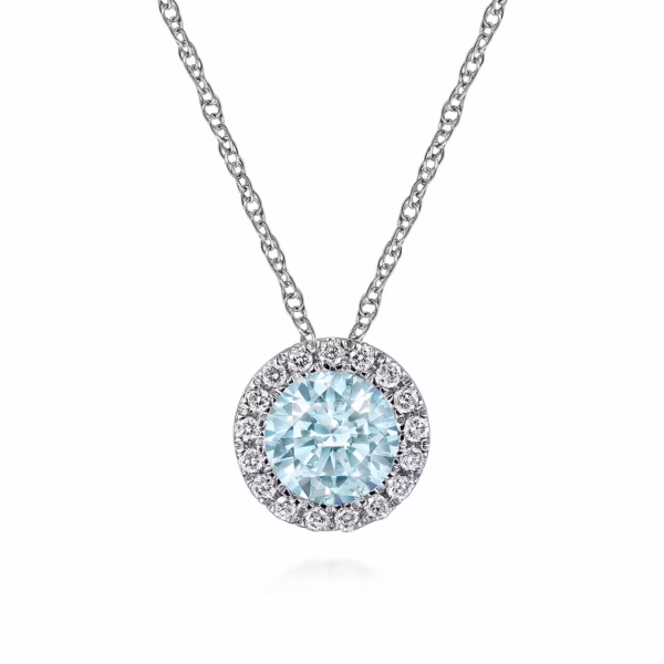 14K White Gold March Birthstone Pendant with .42ct Aquamarine & .06ctw Diamond Halo 18″ Fine Jewelry 7